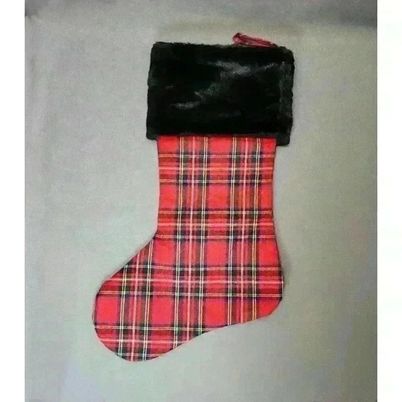 Monogram Initial Letter T Red Plaid & Faux Fur Christmas Stocking 19" Holiday - Picture 2 of 3